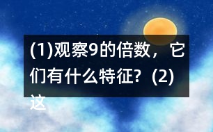 (1)觀察9的倍數(shù)，它們有什么特征?  (2)這些數(shù)的排列有什么特征?與同伴說說你的想法。  (3)如果左表擴(kuò)“充到200，并找出99后面是9的倍數(shù)的數(shù)，它們將在表中的什么位置?做一做，檢驗?zāi)愕拇鸢浮?></p>										
													<h3>1、(1)觀察9的倍數(shù)，它們有什么特征?  (2)這些數(shù)的排列有什么特征?與同伴說說你的想法。  (3)如果左表擴(kuò)“充到200，并找出99后面是9的倍數(shù)的數(shù)，它們將在表中的什么位置?做一做，檢驗?zāi)愕拇鸢浮?/h3>	 <p>北師大版五年級上冊數(shù)學(xué)《3的倍數(shù)的特征》</p><p>(1)觀察9的倍數(shù)，它們有什么特征?</p><p>一個數(shù)各個數(shù)位上的數(shù)字的和是9的倍數(shù)，這個數(shù)就是9的倍數(shù)。</p><p>(2)這些數(shù)的排列有什么特征?與同伴說說你的想法。</p><p>斜對角</p><p>(3)如果左表擴(kuò)充到200，并找出99后面是9的倍數(shù)的數(shù)，它們將在表中的什么位置?做一做，檢驗?zāi)愕拇鸢浮?/p><p>108、117、126 135、144、153、162、171、180、189、198</p>	  <h3>2、北師大一年級數(shù)學(xué)上冊《鞏固應(yīng)用》 10.(1)說一說，你發(fā)現(xiàn)了哪些數(shù)學(xué)信息?(2)提出兩個數(shù)學(xué)問題，并列式解答。</h3>	 <p>北師大一年級數(shù)學(xué)上冊《鞏固應(yīng)用》 10.</p><p>(1)說一說，你發(fā)現(xiàn)了哪些數(shù)學(xué)信息?</p><p>有3個小朋友在蕩秋千，4個小朋友在玩滑梯，2個小朋友在玩蹺蹺板。</p><p>(2)提出兩個數(shù)學(xué)問題，并列式解答。</p><p>①一共有多少個朋友？</p><p>②一共有9個小朋友，有5個男生，女生有多少人？</p>	  <h3>3、（1）和同伴說一說，現(xiàn)在車上的人數(shù)多了還是少了？</h3>	 <p><p>北師大二年級數(shù)學(xué)上冊第一單元星星合唱隊練習(xí)題練一練及答案</p><p>車上原有56人。下來27人。上了19人。</p><p>（1）和同伴說一說，現(xiàn)在車上的人數(shù)多了還是少了？</p><p>答：下來的人比上去的多，所以車上的人數(shù)少了。</p></p>	  <h3>4、（1）一共有多少個杯子？（2）用了多少個扣子？</h3>	 <p>北師大二年級數(shù)學(xué)上冊第5單元《2-5的乘法口訣》數(shù)松果練一練答案</p><p>1.（1）一共有多少個杯子？</p><p>3x5=15（個）</p><p>（2）用了多少個扣子？</p><p>4x5=20（個）</p>	  <h3>5、（1）估一估，紅繩的長度是黃繩的多少倍？與同伴交流你的方法。</h3>	 <p>北師大二年級數(shù)學(xué)上冊《花園》練一練習(xí)題及答案</p><p>（1）估一估，紅繩的長度是黃繩的多少倍？與同伴交流你的方法。</p><p>答：紅繩是黃繩的5倍。</p><p>（2）分別量出紅繩和黃繩的長度，算一算，自己的估計準(zhǔn)確嗎？</p>	  <h3>6、2.(1)9個皮球多少元? (2)9個網(wǎng)球多少元?</h3>	 <p>北師大二年級數(shù)學(xué)上冊《買球》練一練習(xí)題及答案</p><p>2.(1)9個皮球多少元?</p><p>98=72</p><p>答：9個皮球72元。</p><p>(2)9個網(wǎng)球多少元?</p><p>99=81</p><p>答：9個網(wǎng)球81元。</p><p>(3)30元買4個網(wǎng)球，夠嗎?</p><p>94=36</p><p>答：夠了</p><p>(4)請你再提出一個數(shù)學(xué)問題，并嘗試解答。</p>	  <h3>7、4.小兔安家。（1）有4間房子，平均每間住幾只小兔？</h3>	 <p>    <tbody>        <tr>            <td width=